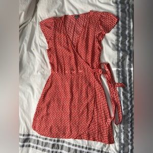 Large, Red and white ditsy floral, Aerie wrap dress, 100% viscose.